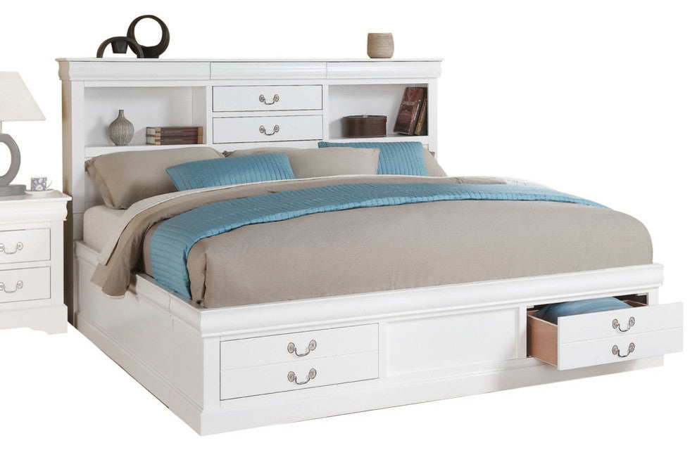 Louis Philippe III Bed With Storage and Hidden Drawer, White, Queen