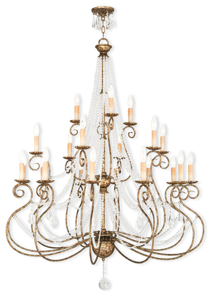 Foyer Chandelier With Clear Crystals, Hand-Applied European Bronze
