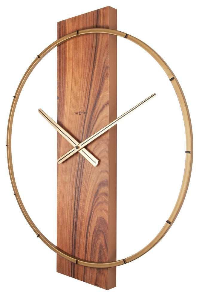Carl Wall Clock, Round, Wood and Metal, Brown, Battery Operated