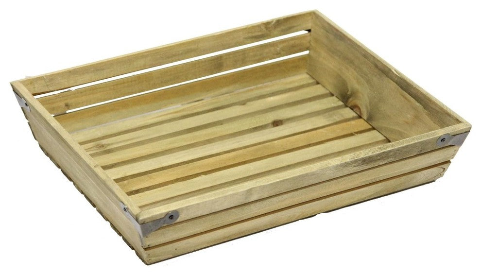 Natural Wood Large Shallow Rectangle Crate With Metal Corner Design