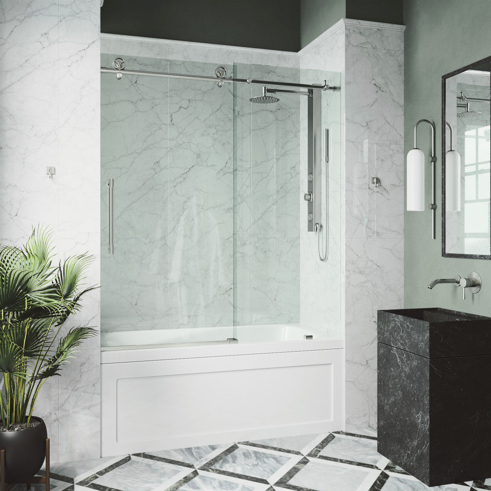 VIGO Elan Cass Aerodynamic 56" to 60" W x 66" H Frameless Sliding Tub Door, Stainless Steel, Clear Glass