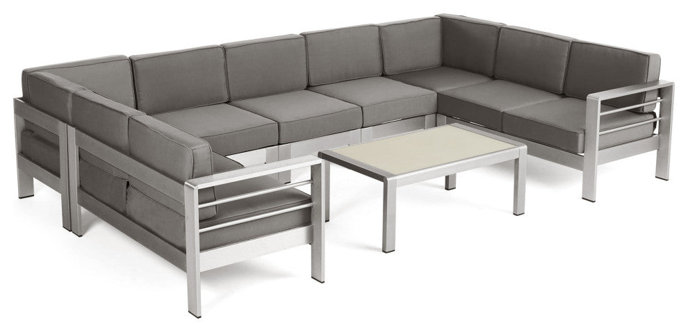 GDF Studio Emily Coral Outdoor 9-Seater Aluminum Sectional Set With Coffee Table