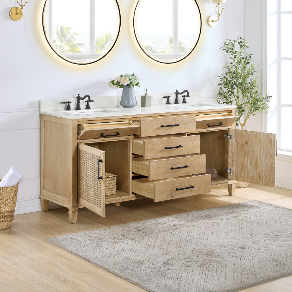 Solana Bathroom Vanity with Calacatta White Quartz Stone Countertop, Weathered Fir, 72", Without Mirror
