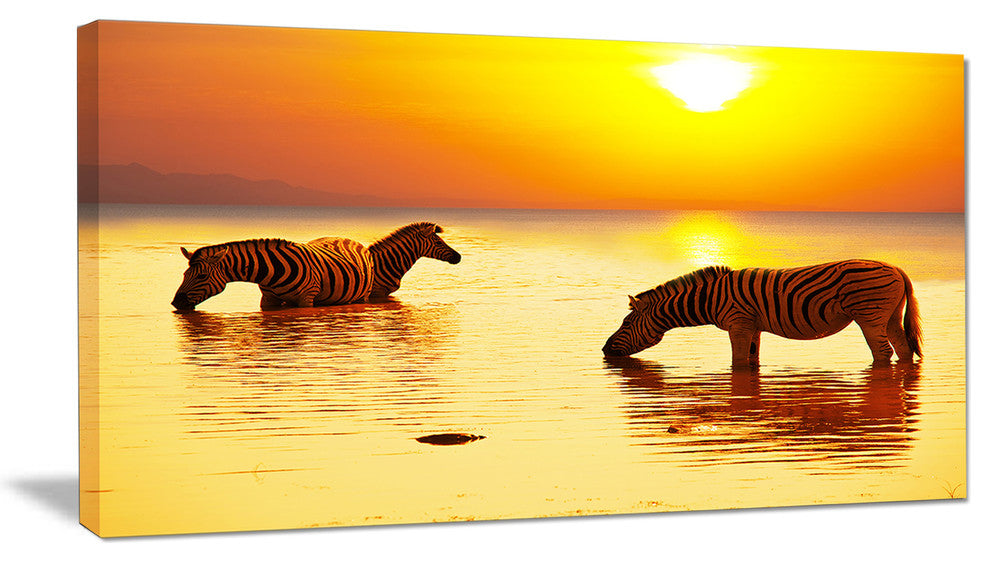 "Zebras Drinking in Lake At Sunset" Animals Artwork Canvas, 32"x16"