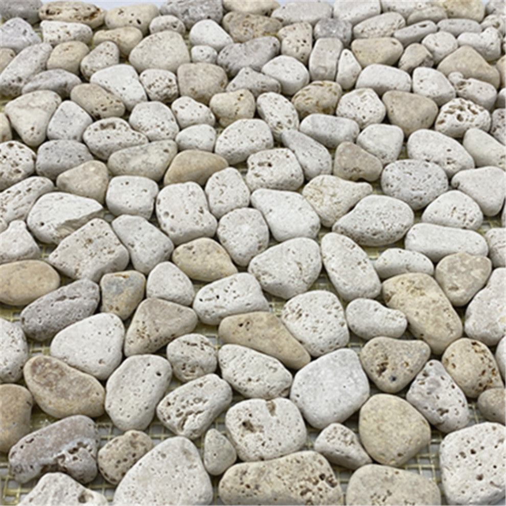 Non Slip Shower Floor Tile Tumbled Pebble Stone Travertine Giallo, 1 sheet