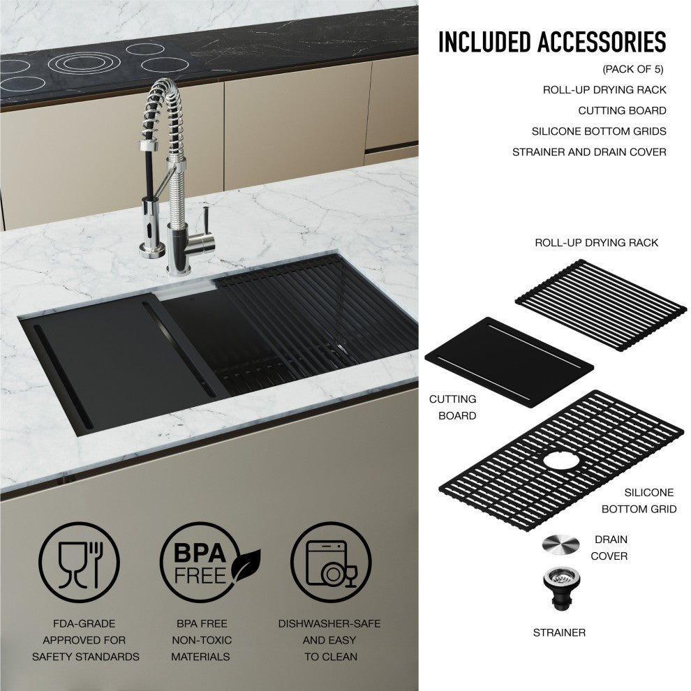 Mercer Single Bowl Stainless Steel Undermount Kitchen Sink with Accessories, 33" L X 20" W, Workstation