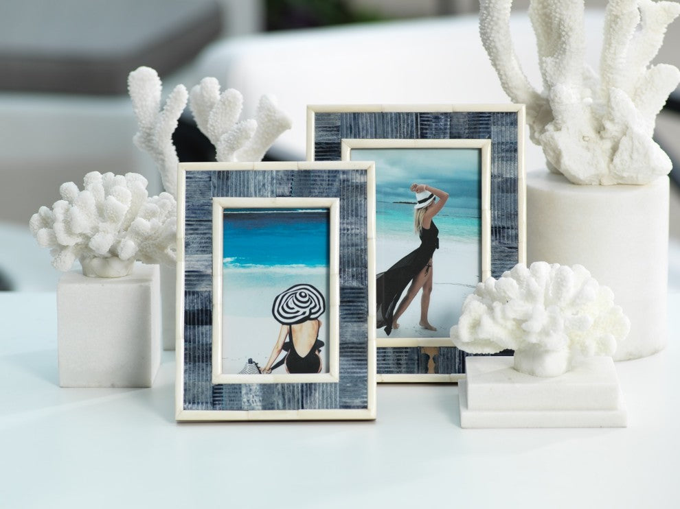 "Mendocino" 4" x 6" Carved Bone Picture Frame, Blue