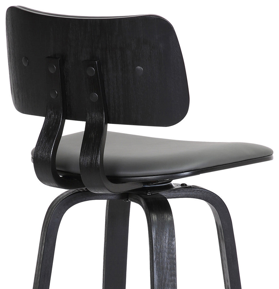 Pico 26" Swivel Black Wood Counter Stool in Gray Faux Leather with Black Metal, 30