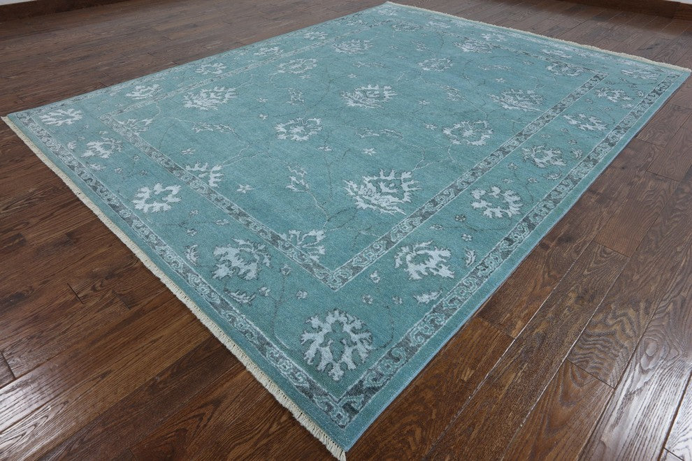 8' Square Turquoise Blue Oriental Oushak Rug, W2158