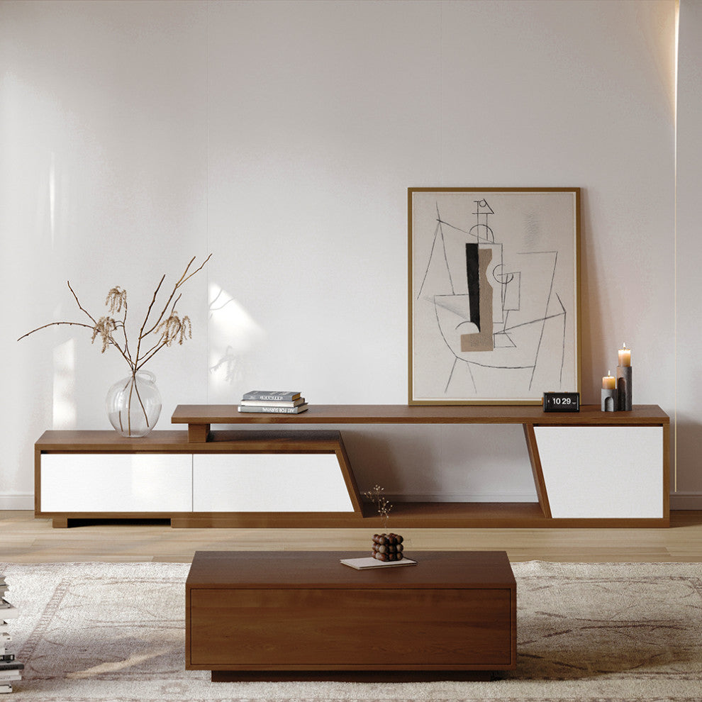 Fero Minimalist Walnut Rectangle Extendable TV Stand With 3 Drawers Up to 120", White/Walnut