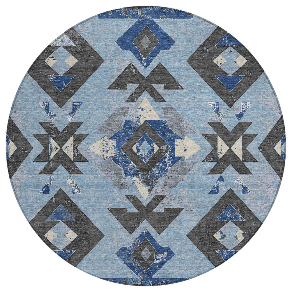 Machine Washable Indoor/Outdoor Chantille ACN1882 Blue 8' x 8' Round Rug