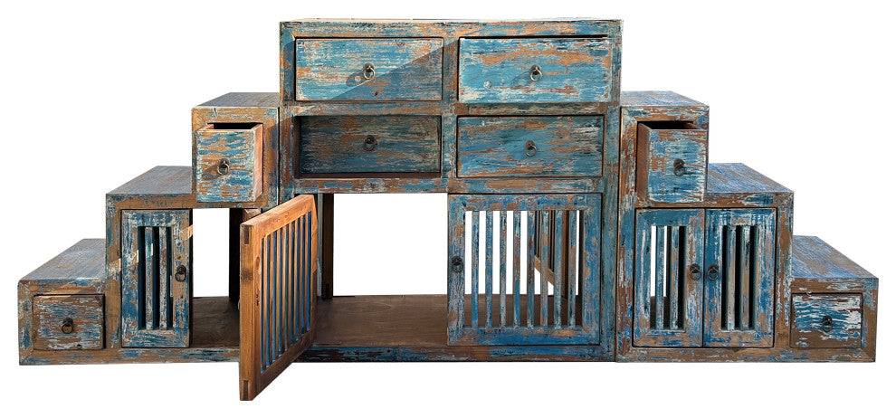 Distressed Teal Blue Triangle Step Tansu Cabinet Display Room Divider Hws4389