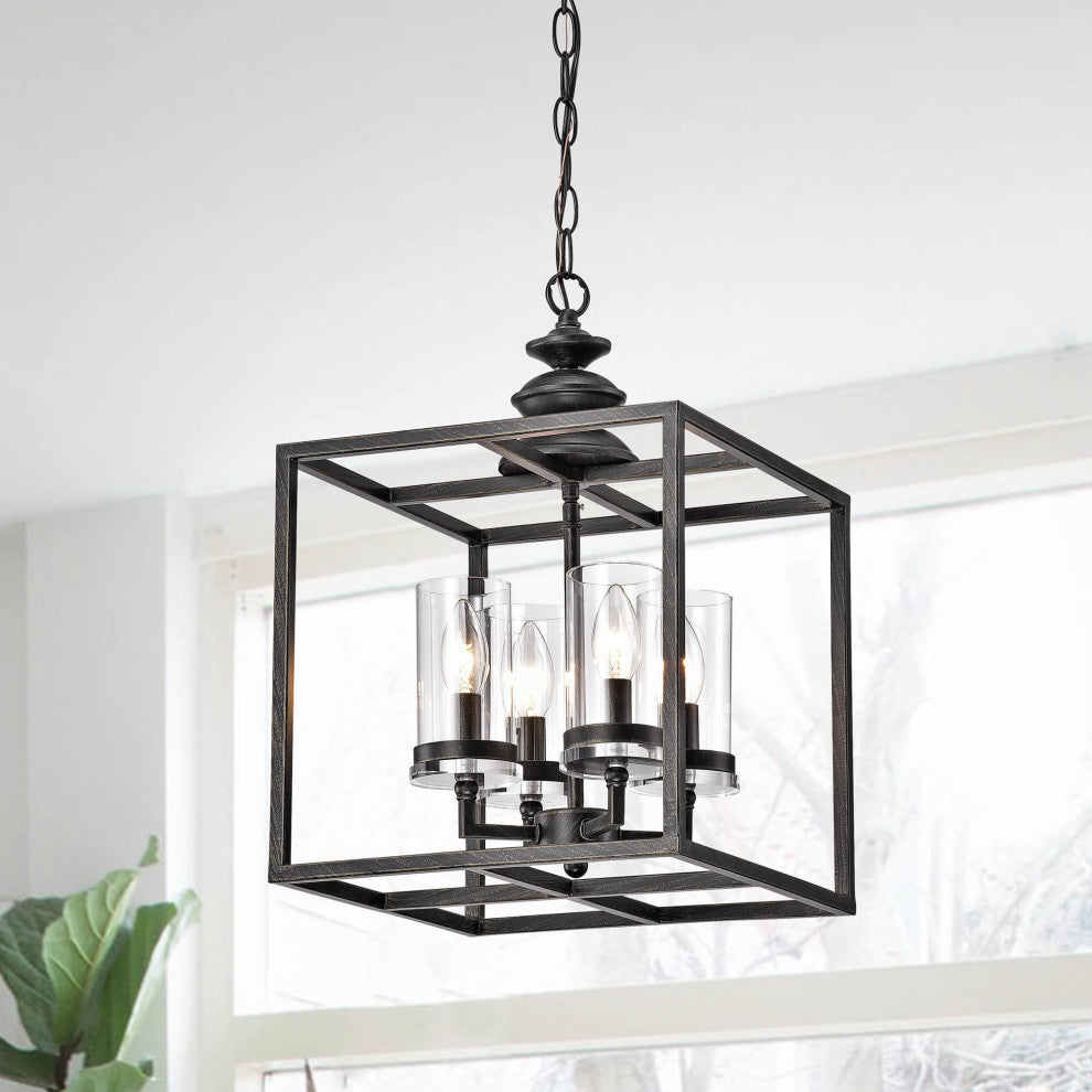 Iris 4-Light Antique Black Lantern Chandelier With Clear Glass Cylinders