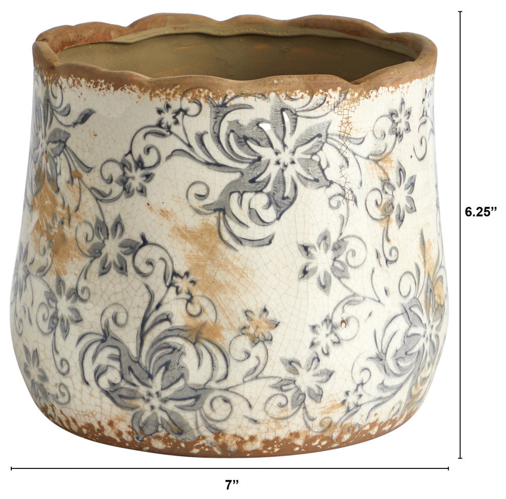 Nearly Natural 7" Tuscan Ceramic Gray Scroll Planter