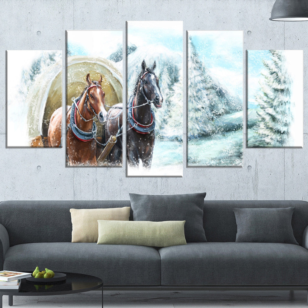 "Painted Scene With Horses in Winter" Landscape Wall Art, 5 Panels, 60"x32"