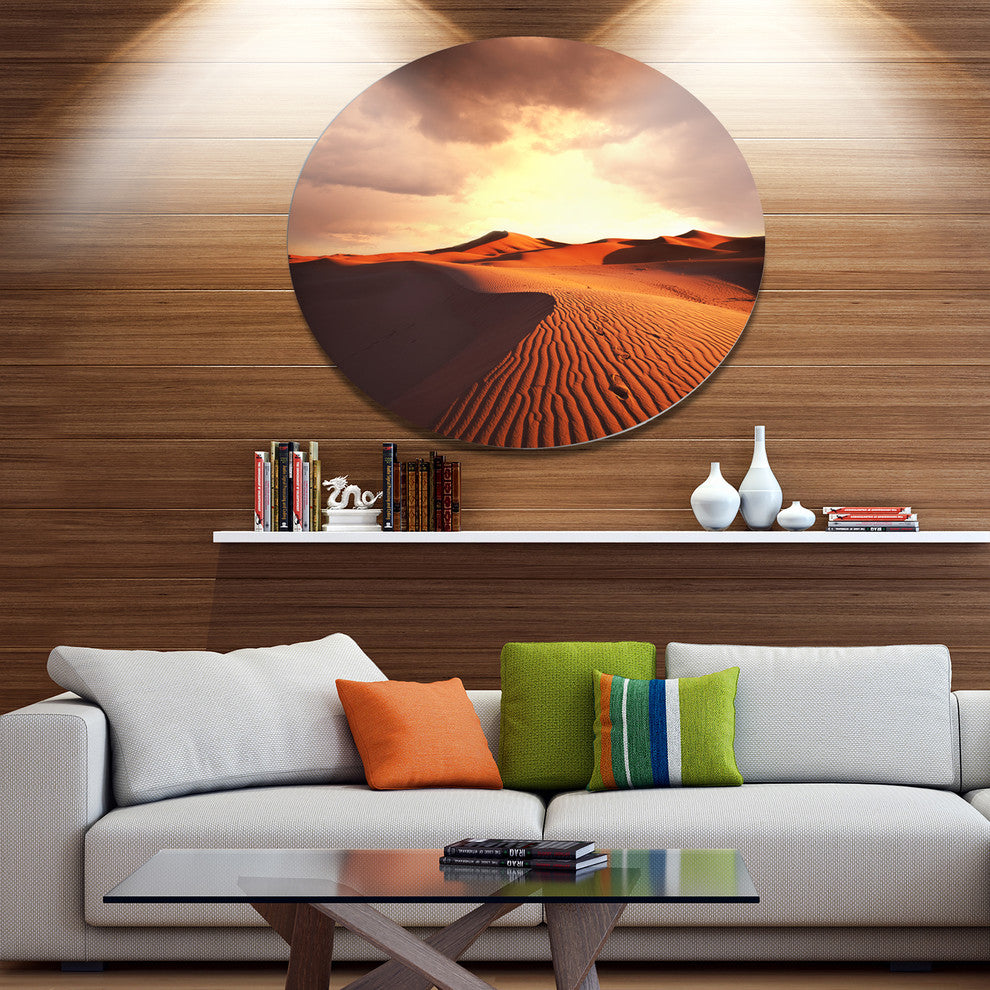 Brown Desert Dunes At Sunrise, African Landscape Round Wall Art, 23"