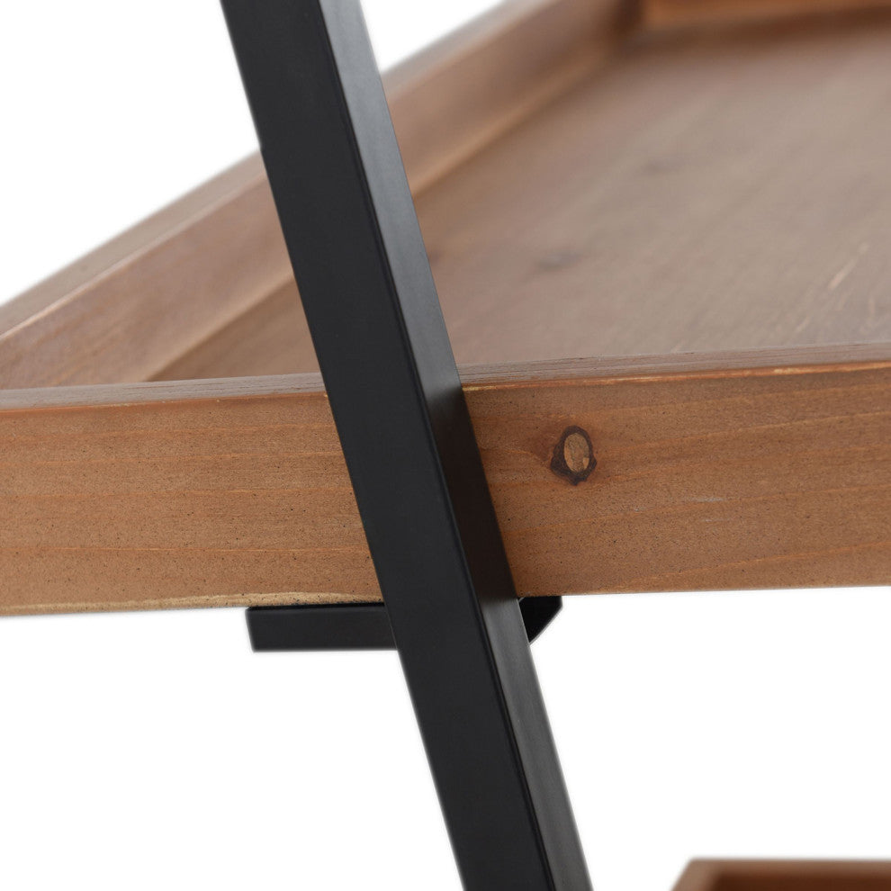 Lena Decorative Standing Shelves Round Mirror Wood Brown Finish