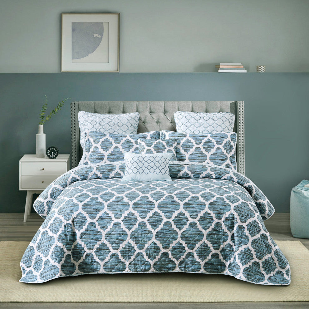 Honor Quilted 7 Piece Bed Spread Set, Blue, Queen
