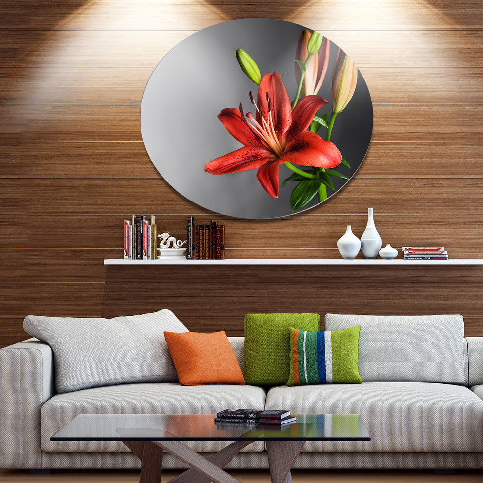 Cute Red Lily Flower Over Black, Flowers Round Metal Wall Art, 36"