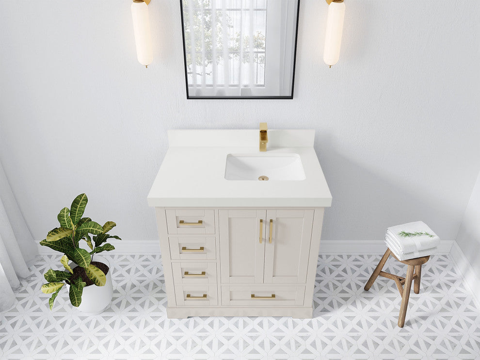 Boston 36" Right Offset Bath Vanity in Fine Grain 2" White Quartz