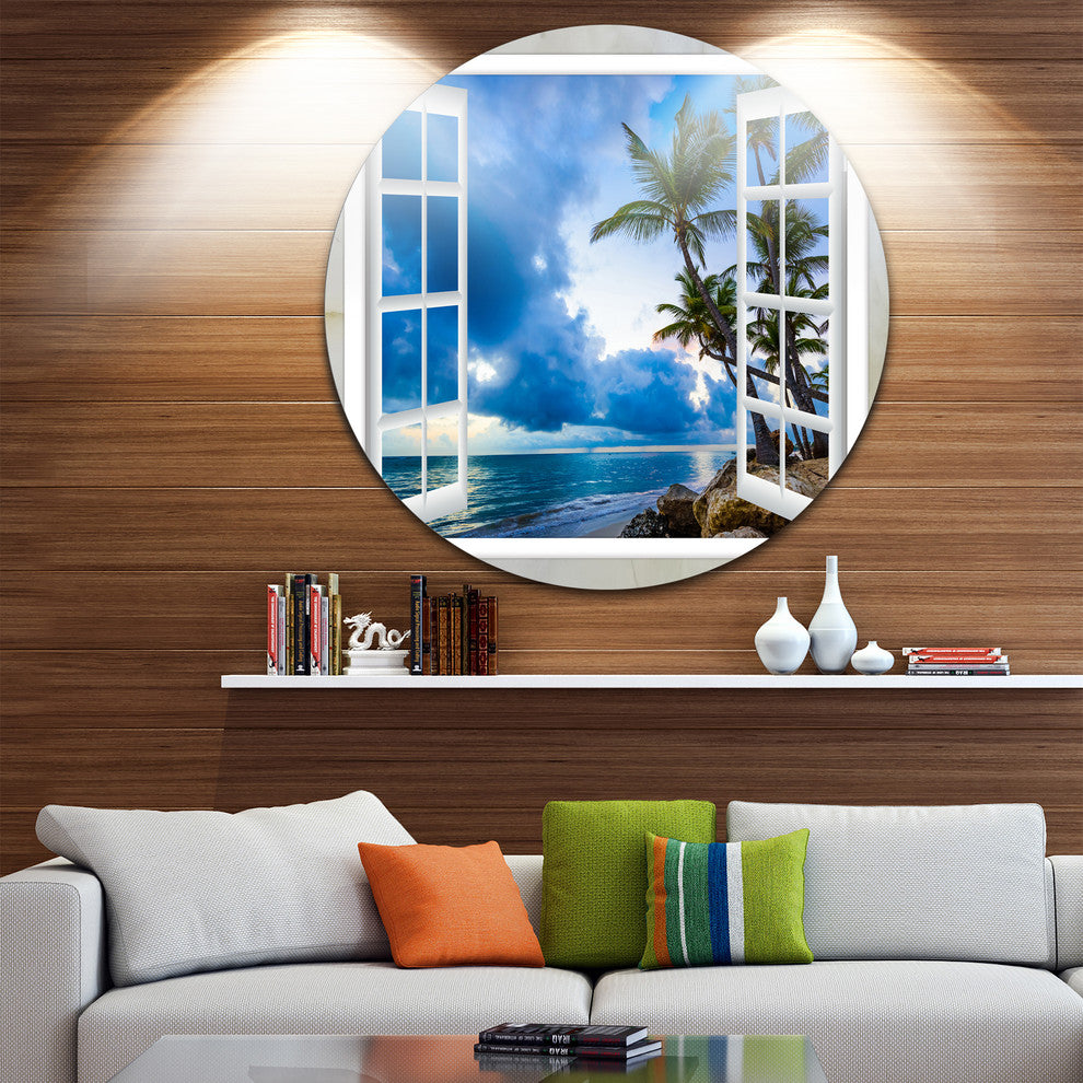 Window Open To Cloudy Blue Sky, Landscape Round Wall Art, 36"