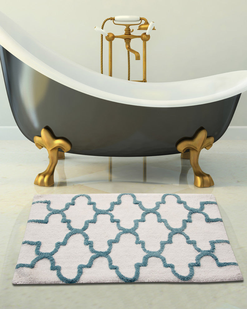 Cotton Dual Color Geometric Pattern Bath Rug, New Blue, 34"x21"