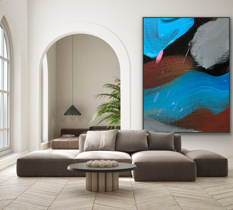 72x60 Inches Large Modern Painting Blue Brown Wall Art Textured Painting