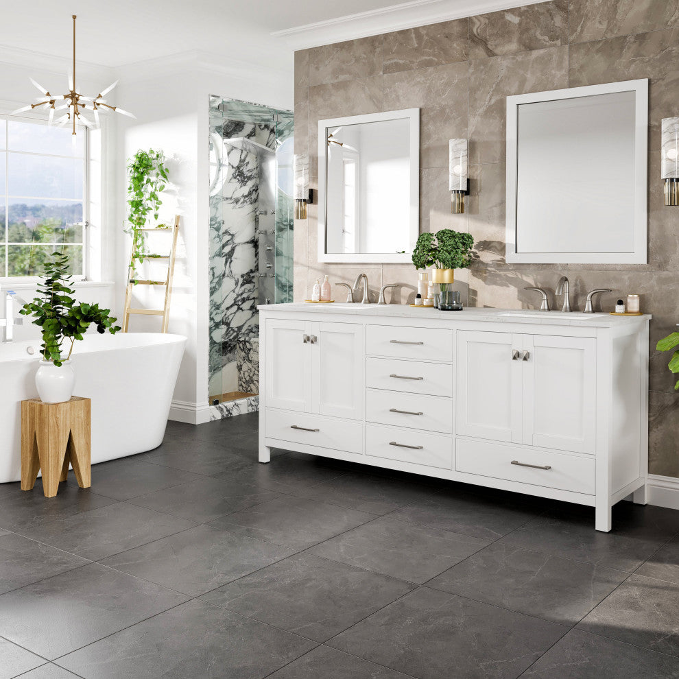 Eviva Aberdeen 78" White Double Sink, Quartz Top