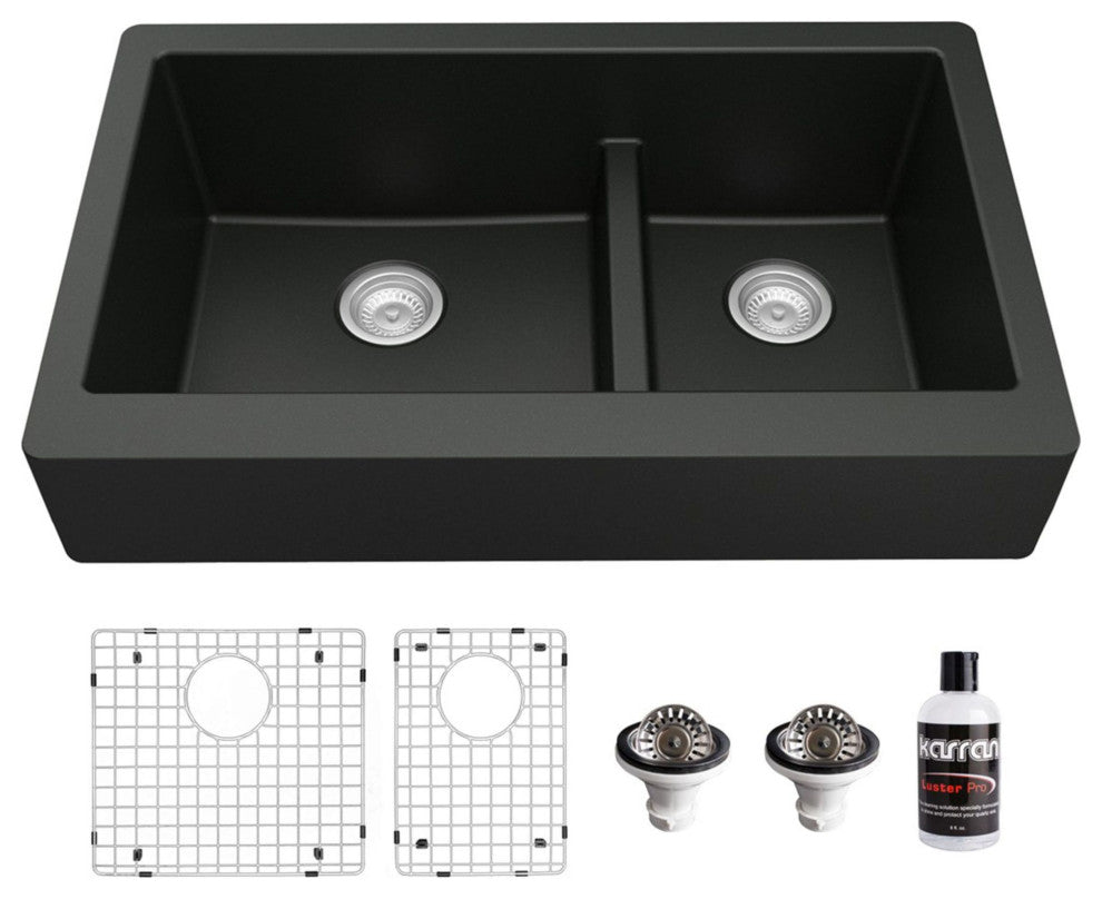 Karran Retrofit Farmhouse Quartz 34" Double Offset Bowl Sink Kit, Black