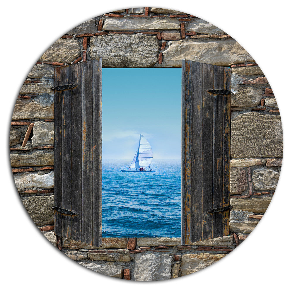 Window Open To Sailing Boat, Seashore Round Wall Art, 36"