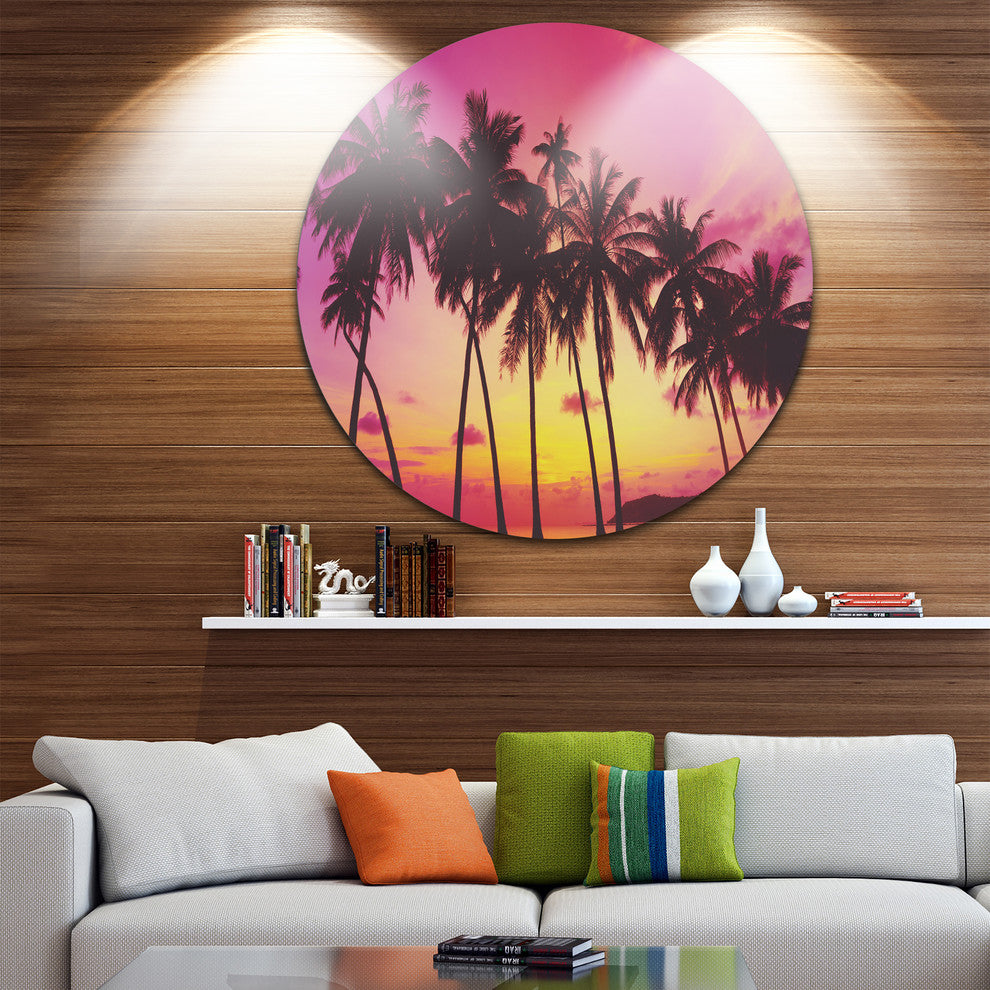 Row Of Beautiful Palms Under Magenta Sky, Disc Artwork Landscape, 23"