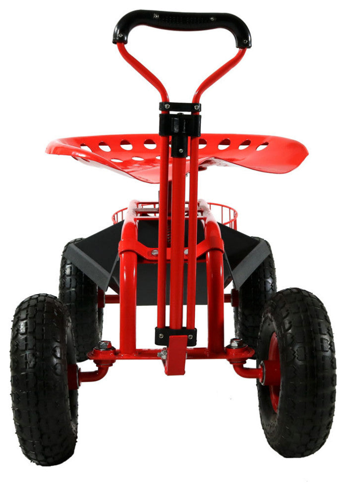 Sunnydaze Rolling Garden Cart With Steering Handle, Seat and Tray, Red
