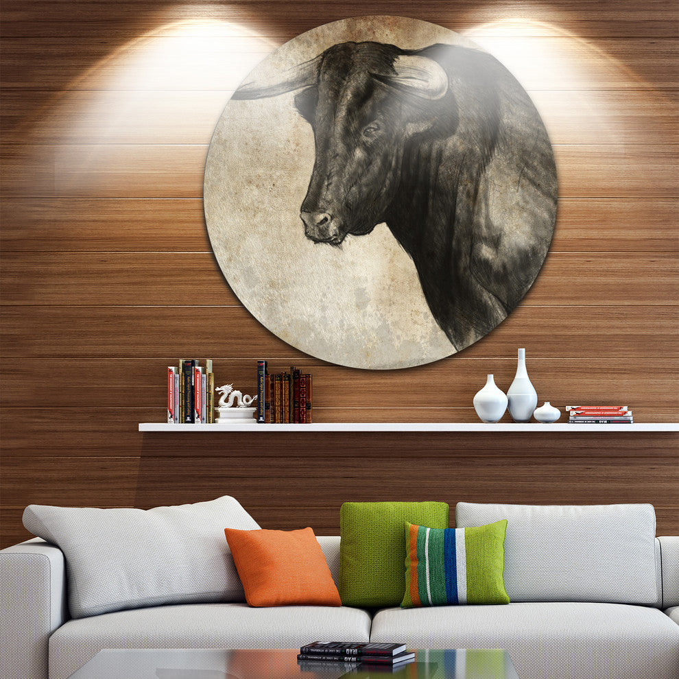 Spanish Bull Sketch, Animal Round Metal Wall Art, 23"