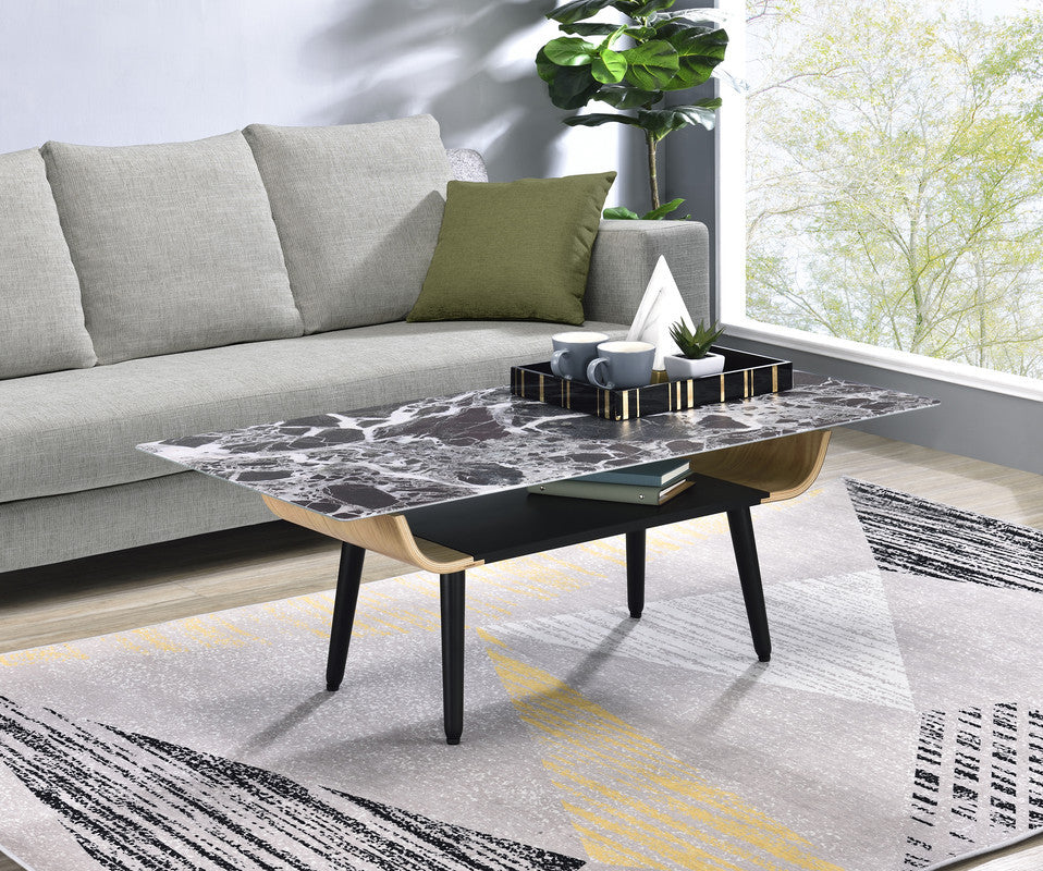 Landon Coffee Table with Glass Marble Texture Top and Bent Wood Design, Black