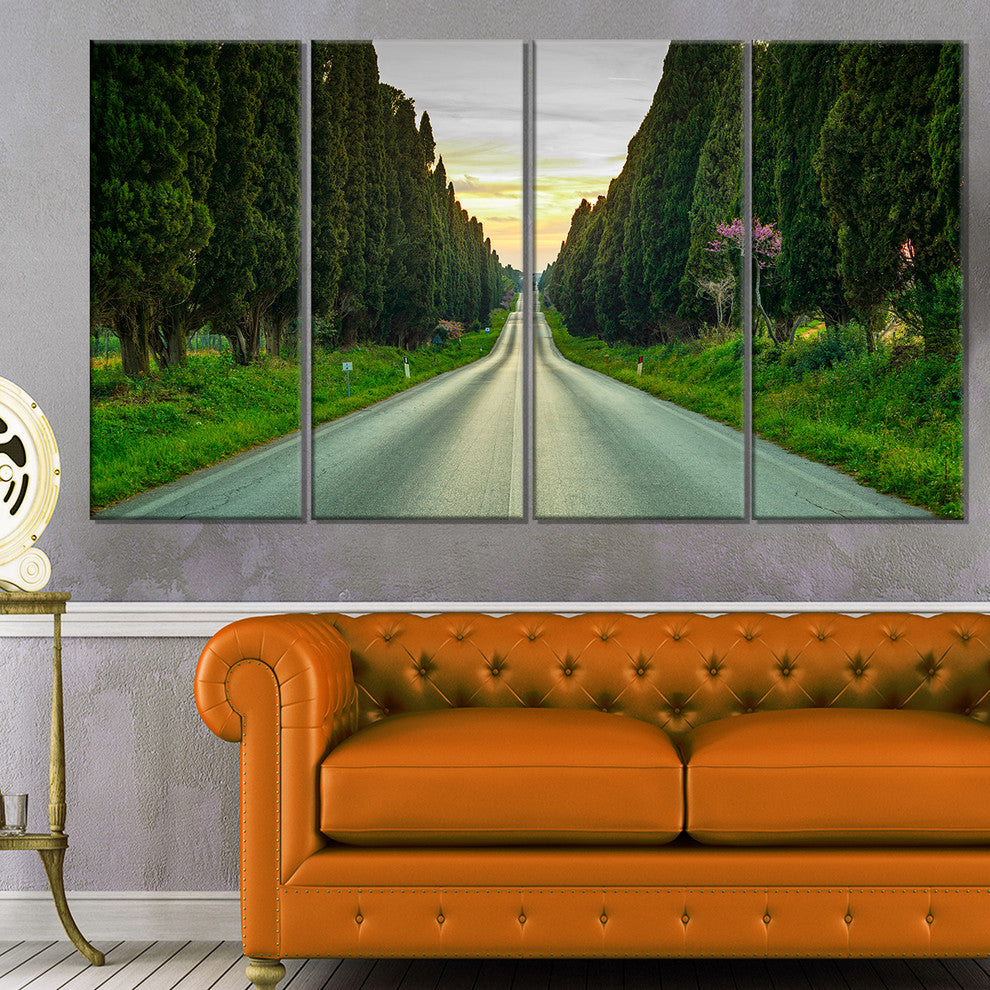 "Straight Road Through Cypress Trees" Landscape Wall Art, 4 Panels, 48"x28"