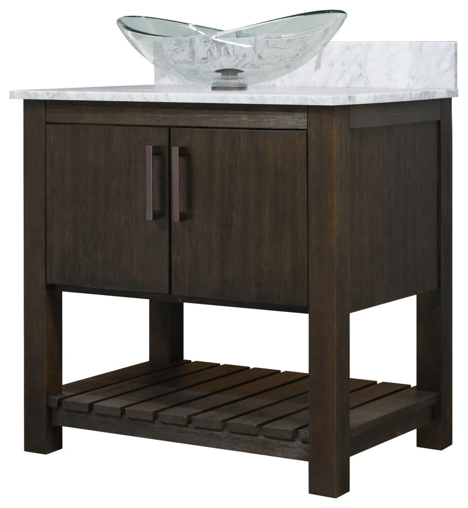 30" Vanity, Carrara White Marble Top, Sink, Drain, Mounting Ring, and P-Trap, Oil Rubbed Bronze, Without Mirror