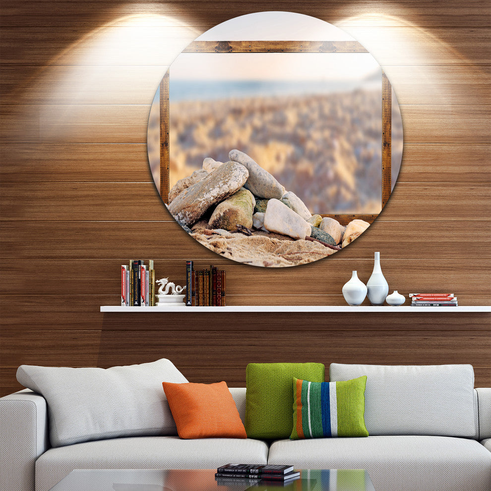 Framed Blurred Seashore, Landscape Art Large Disc Metal Wall Art, 36"