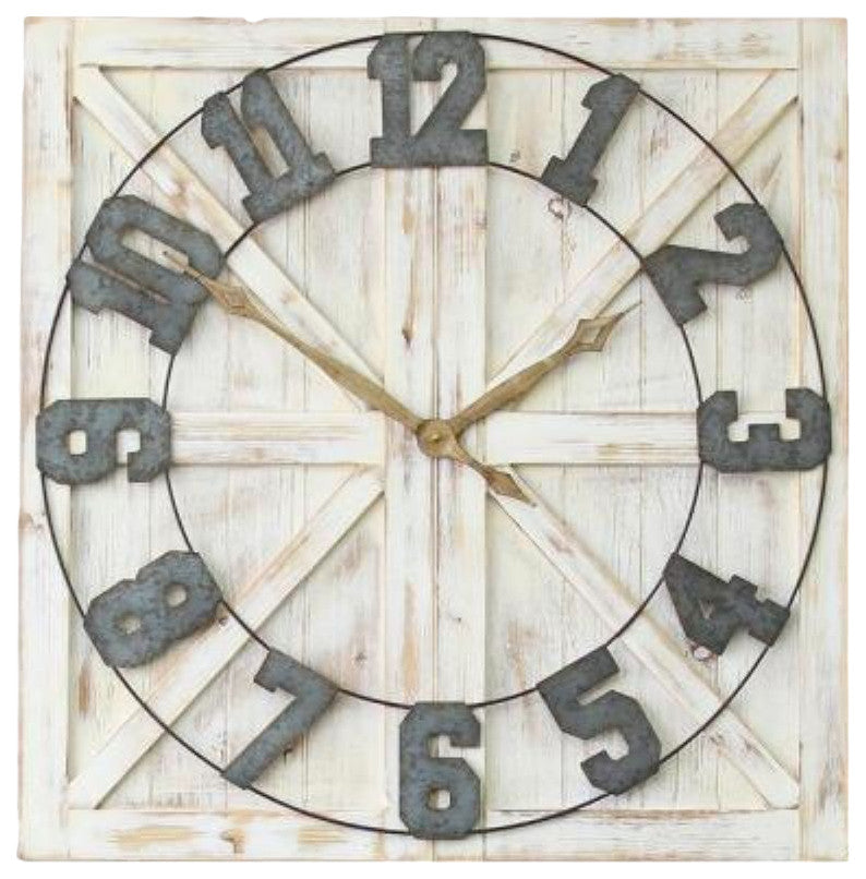 HomeRoots Square Distressed Wood and Metal Wall Clock With Vintage Touch