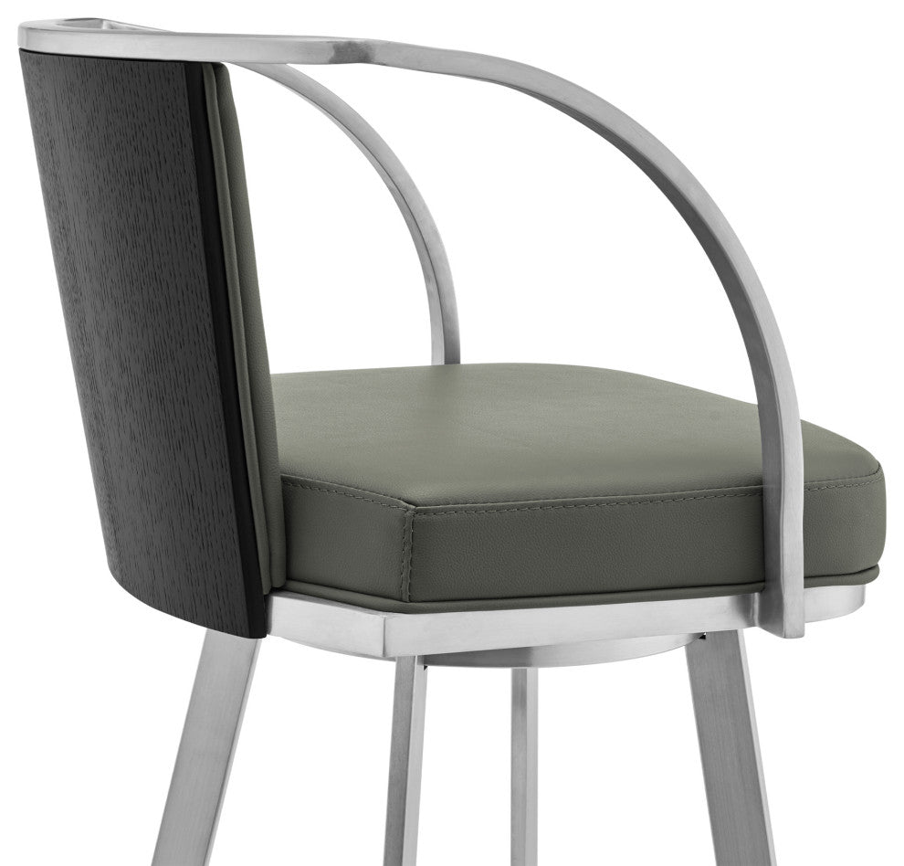 Livingston Gray Faux Leather and Brushed Stainless Steel Swivel Bar Stool, 30"