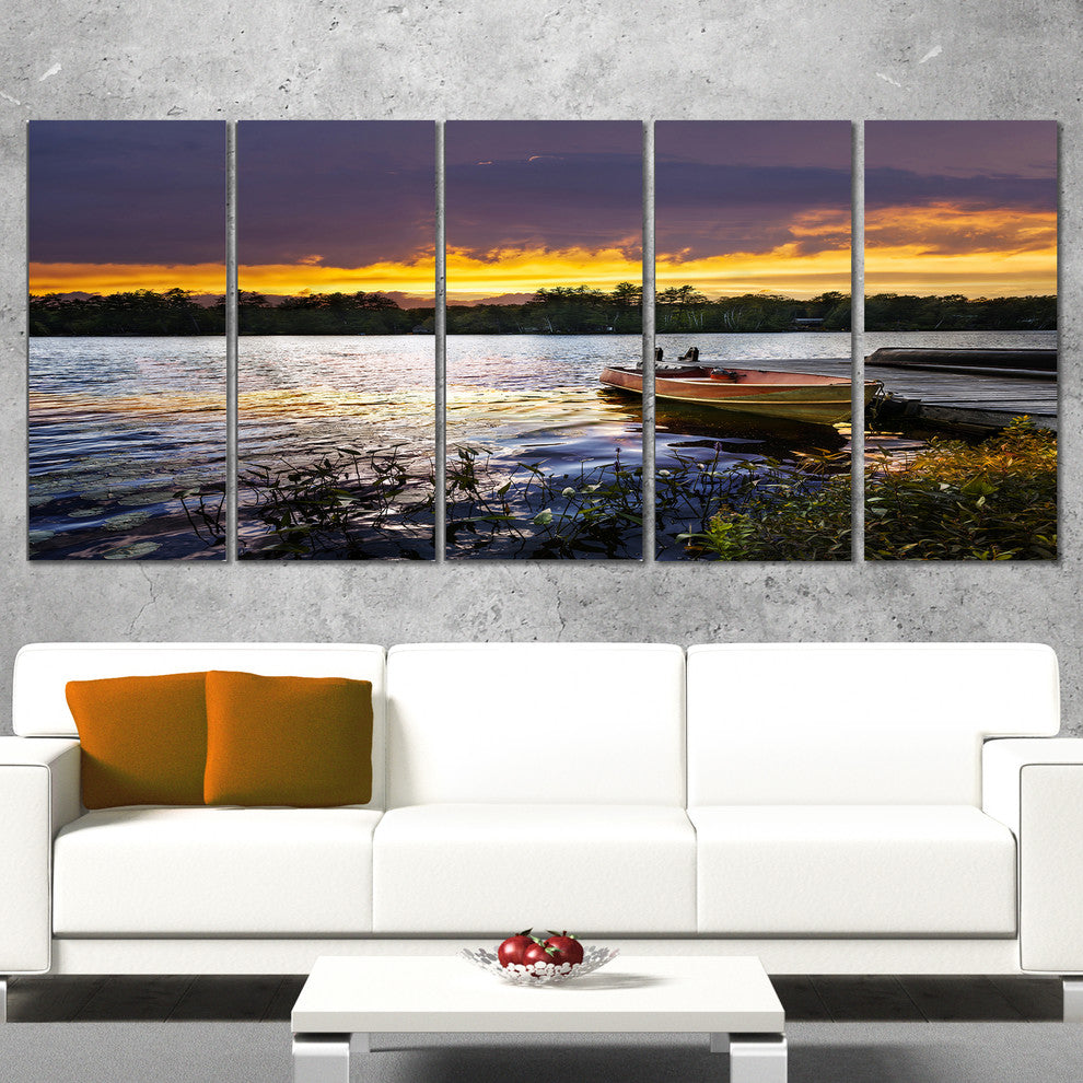 "Boat Docked in Lake At Sunset" Modern Seashore Canvas Art, 5 Panels, 60"x28"