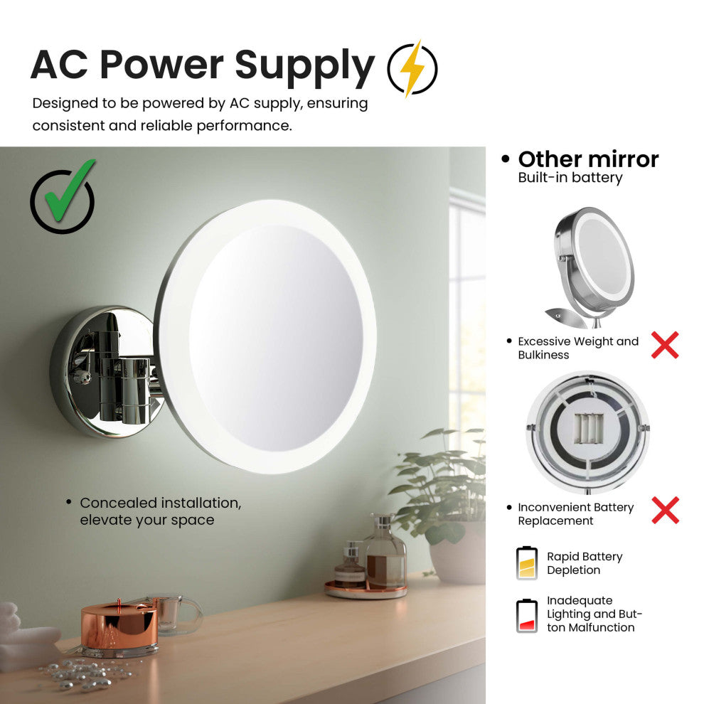 Circular LED Wall Mount One Side 5x Magnifying Make Up Mirror, Chrome