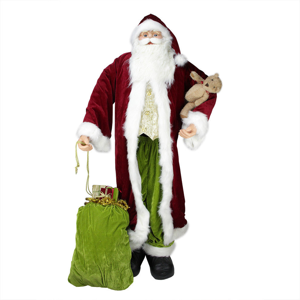 6' Standing Plush Christmas Santa Claus Figure With Teddy Bear and Gift Bag