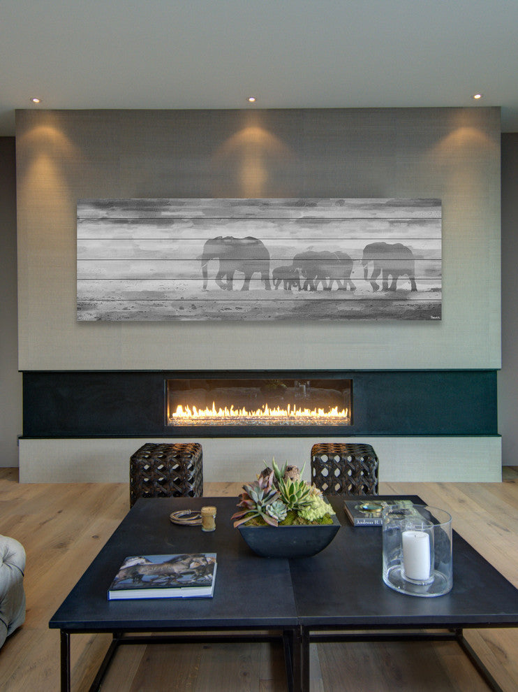 "Parade of Tusks" Painting Print on White Wood, 30"x10"