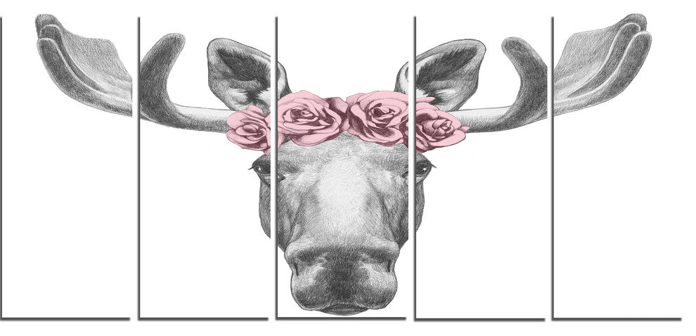 "Moose With Floral Head Wreath Moose" Wall Art, 60"x28", 5-Panels