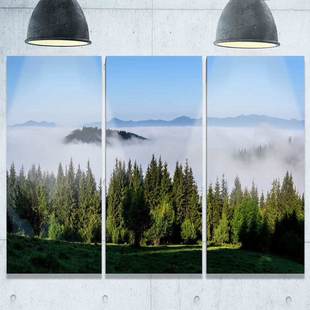 "Green Trees and Fog Over Mountains" Metal Wall Art, 3 Panels, 36"x28"