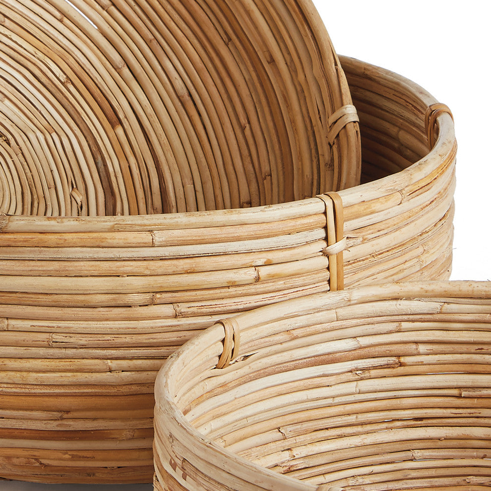 Set of 3 Natural Cane Rattan Decorative Bowl Low Baskets Round Nesting Coiled