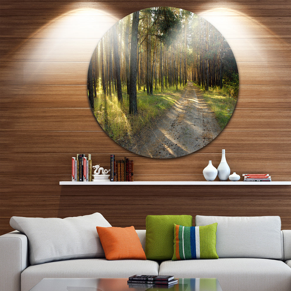 Road Through Green Pine Forest, Landscape Round Metal Wall Art, 11"