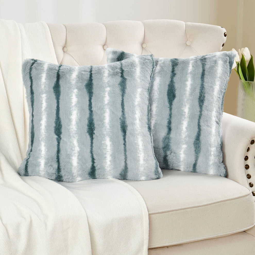 Amanda Stripe Faux Fur 2 Piece Pillow Shell Sets, Pearl Blue, 20"x20"
