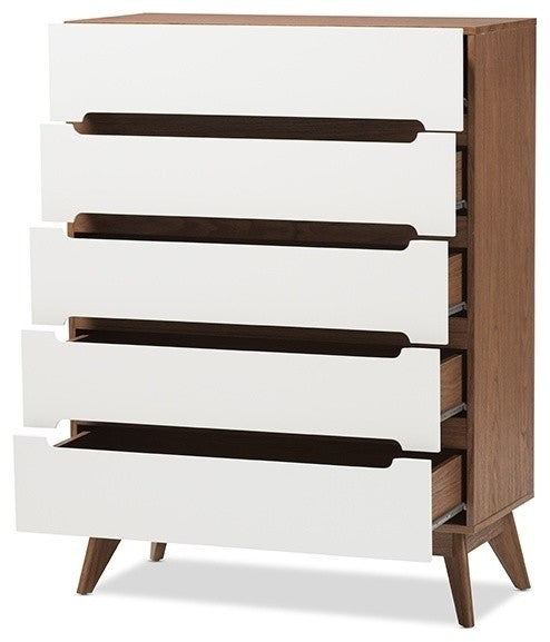 Calypso Mid-Century Modern White and Walnut Wood 5-Drawer Storage Chest