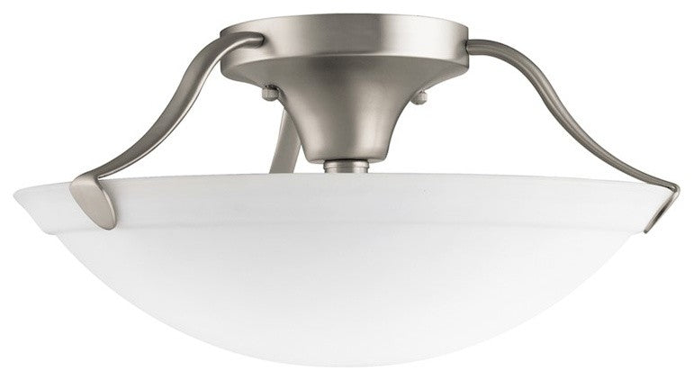 Semi Flush 3-Light, Brushed Nickel, White Etched Glass